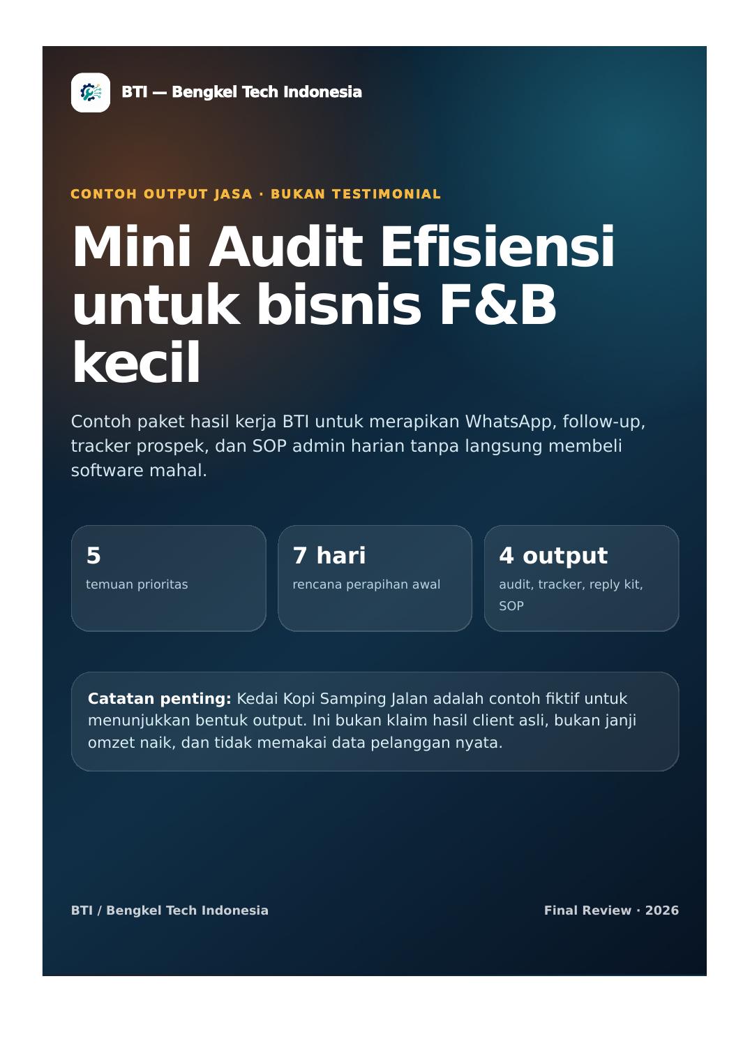 Preview contoh output Mini Audit F&B BTI